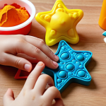 **

A child's hands manipulating Play-Doh with various colorful molds and texture tools on a table. Focus on fine motor skill development, showcasing the coordination of small hand movements. Include star-shaped and other playful forms. The scene should evoke a sense of fun and educational play.

**