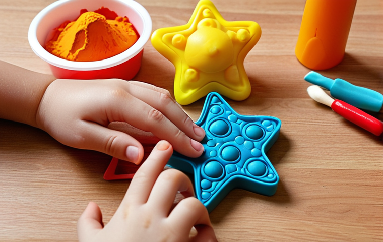 **

A child's hands manipulating Play-Doh with various colorful molds and texture tools on a table. Focus on fine motor skill development, showcasing the coordination of small hand movements. Include star-shaped and other playful forms. The scene should evoke a sense of fun and educational play.

**