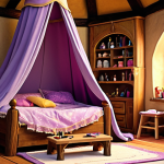 **Rapunzel's Cozy Room:** A detailed interior shot of Rapunzel's tower room.  Include a canopy bed, vanity, easel with art supplies, and a small hairbrush.  Warm, inviting light.
