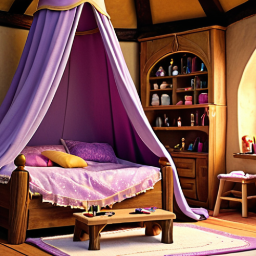 **Rapunzel's Cozy Room:** A detailed interior shot of Rapunzel's tower room.  Include a canopy bed, vanity, easel with art supplies, and a small hairbrush.  Warm, inviting light.