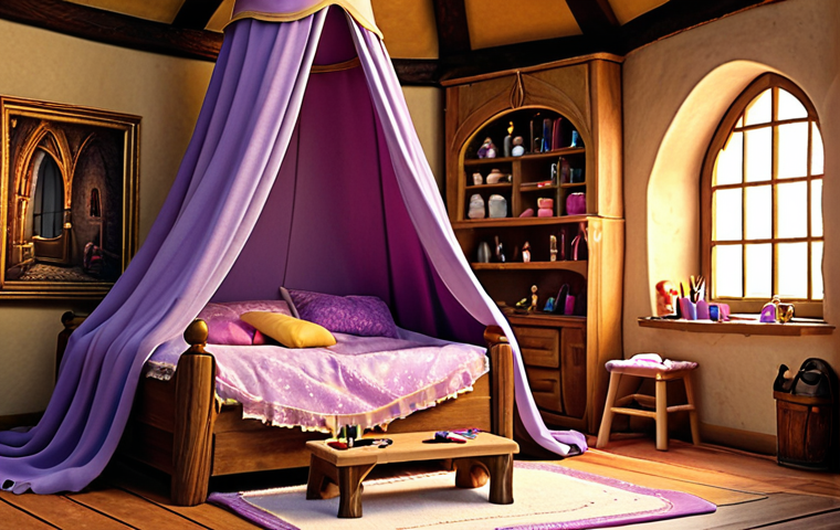 **Rapunzel's Cozy Room:** A detailed interior shot of Rapunzel's tower room.  Include a canopy bed, vanity, easel with art supplies, and a small hairbrush.  Warm, inviting light.