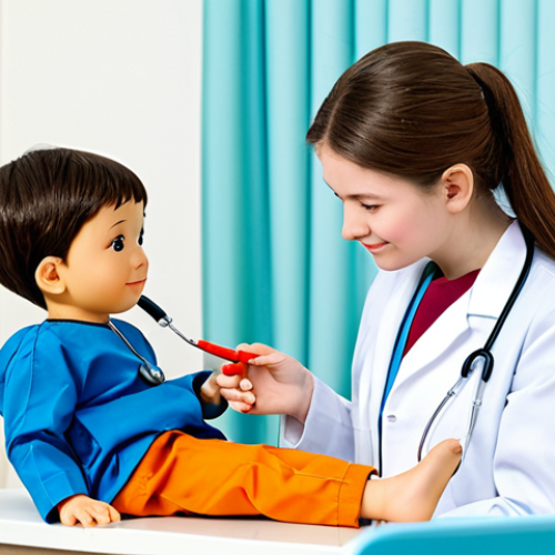 A young child, fully clothed in modest, comfortable attire, focused on playing doctor. The child is gently examining a Mimi doll, which is dressed in a professional doctor's uniform. In a bright, clean, child-friendly play area with soft natural light, there's a small toy medical kit including a toy stethoscope and a safe, child-friendly syringe. Other plush toys are neatly arranged as "patients." The scene depicts a heartwarming, professional photography style, high quality, with perfect anatomy, correct proportions, and a natural pose. This image is safe for work, appropriate content, fully clothed, and family-friendly.