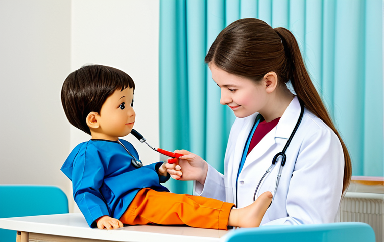 A young child, fully clothed in modest, comfortable attire, focused on playing doctor. The child is gently examining a Mimi doll, which is dressed in a professional doctor's uniform. In a bright, clean, child-friendly play area with soft natural light, there's a small toy medical kit including a toy stethoscope and a safe, child-friendly syringe. Other plush toys are neatly arranged as "patients." The scene depicts a heartwarming, professional photography style, high quality, with perfect anatomy, correct proportions, and a natural pose. This image is safe for work, appropriate content, fully clothed, and family-friendly.