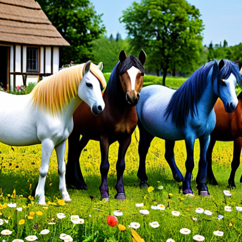**

A group of diverse, fully clothed ponies with unique manes and tails gather in a vibrant, flower-filled meadow near a whimsical, colorful village. Perfect anatomy, correct proportions, natural pose, safe for work, appropriate content, professional, modest, family-friendly.

**