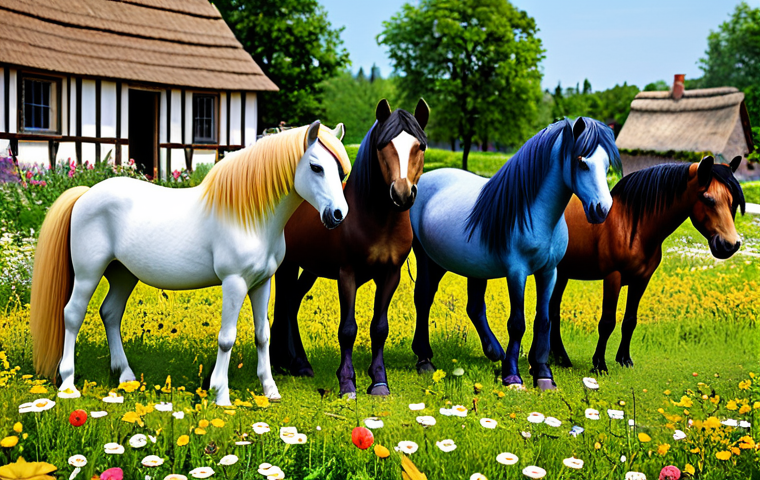 **
A group of diverse, fully clothed ponies with unique manes and tails gather in a vibrant, flower-filled meadow near a whimsical, colorful village. Perfect anatomy, correct proportions, natural pose, safe for work, appropriate content, professional, modest, family-friendly.
**