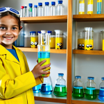 **

"A young girl, around 8 years old, wearing a bright, yellow, fully clothed Minions-themed lab coat and safety goggles, is smiling and holding a bubbling beaker in a home science laboratory setting. Shelves in the background are filled with colorful, labeled bottles and beakers. Safe for work, appropriate content, fully clothed, professional photography, perfect anatomy, correct proportions, well-formed hands, proper finger count, family-friendly."

**