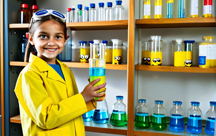 **
"A young girl, around 8 years old, wearing a bright, yellow, fully clothed Minions-themed lab coat and safety goggles, is smiling and holding a bubbling beaker in a home science laboratory setting. Shelves in the background are filled with colorful, labeled bottles and beakers. Safe for work, appropriate content, fully clothed, professional photography, perfect anatomy, correct proportions, well-formed hands, proper finger count, family-friendly."
**