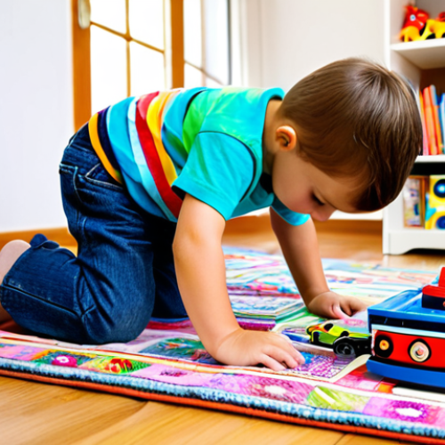 **

A child, fully clothed in jeans and a colorful T-shirt, is playing with a "Turning Mecard" transformer toy on a bright, patterned rug in a cozy children's room. Shelves filled with books and other toys are visible in the background. Focus on the child's joyful expression and the dynamic action of the toy transforming. Safe for work, appropriate content, family-friendly, perfect anatomy, natural proportions, professional photography, high quality.

**