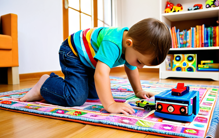 **
A child, fully clothed in jeans and a colorful T-shirt, is playing with a "Turning Mecard" transformer toy on a bright, patterned rug in a cozy children's room. Shelves filled with books and other toys are visible in the background. Focus on the child's joyful expression and the dynamic action of the toy transforming. Safe for work, appropriate content, family-friendly, perfect anatomy, natural proportions, professional photography, high quality.
**